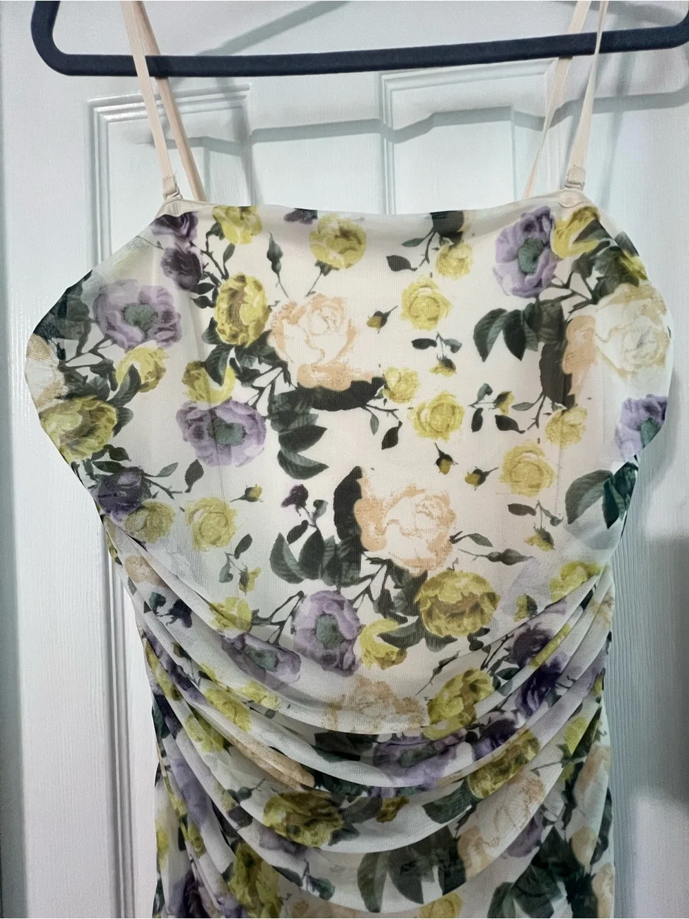 Floral Ruched Dress in Cream and Green